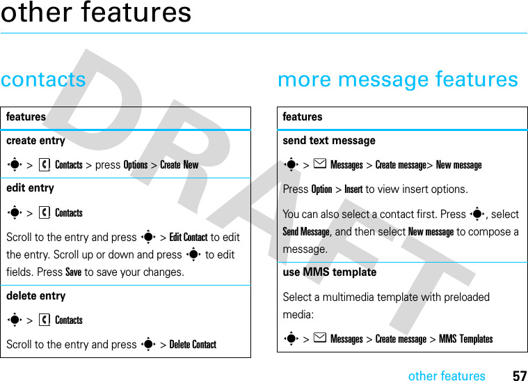 other features57other featurescontacts more message featuresfeaturescreate entrys &gt;Contacts &gt;pressOptions &gt;Create Newedit entrys&gt;ContactsScroll to the entry and press s &gt; Edit Contact to edit the entry. Scroll up or down and press s to edit fields. Press Save to save your changes.delete entrys&gt;ContactsScroll to the entry and press s &gt; Delete Contactfeaturessend text messages&gt;eMessages &gt;Create message&gt;New messagePress Option &gt;Insert to view insert options.You can also select a contact first. Press s, select Send Message, and then select New message to compose a message.use MMS templateSelect a multimedia template with preloaded media:s&gt;eMessages &gt;Create message &gt;MMS Templates