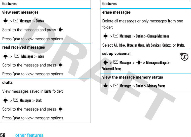 58other featuresview sent messagess&gt;eMessages &gt;OutboxScroll to the message and press s.Press Option to view message options.read received messagess &gt; e Messages &gt;InboxScroll to the message and press s.Press Option to view message options.drafts View messages saved in Drafts folder:s &gt;eMessages &gt;DraftScroll to the message and press s.Press Option to view message options.featureserase messagesDelete all messages or only messages from one folder:s&gt;eMessages &gt; Option &gt; Cleanup MessagesSelect All, Inbox, Browser Msgs, Info Services, Outbox, or Drafts.set up voicemails&gt;eMessages &gt;s &gt; Message settings &gt; Voicemail Setupview the message memory statuss&gt;eMessages &gt;Option &gt; Memory Statusfeatures