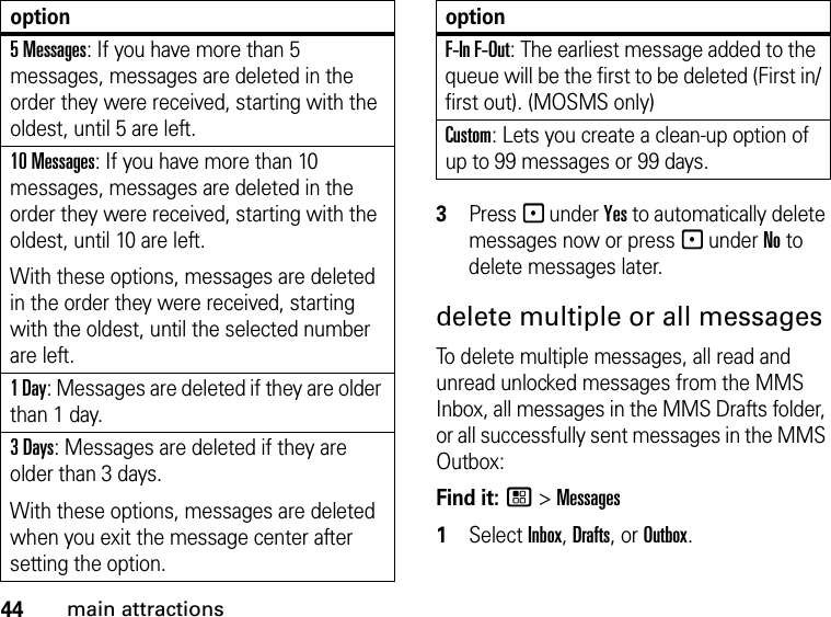 44main attractions3Press - under Yes to automatically delete messages now or press - under No to delete messages later.delete multiple or all messagesTo delete multiple messages, all read and unread unlocked messages from the MMS Inbox, all messages in the MMS Drafts folder, or all successfully sent messages in the MMS Outbox: Find it: / &gt; Messages1Select Inbox, Drafts, or Outbox.5 Messages: If you have more than 5 messages, messages are deleted in the order they were received, starting with the oldest, until 5 are left. 10 Messages: If you have more than 10 messages, messages are deleted in the order they were received, starting with the oldest, until 10 are left.With these options, messages are deleted in the order they were received, starting with the oldest, until the selected number are left.1 Day: Messages are deleted if they are older than 1 day. 3 Days: Messages are deleted if they are older than 3 days. With these options, messages are deleted when you exit the message center after setting the option.optionF-In F-Out: The earliest message added to the queue will be the first to be deleted (First in/first out). (MOSMS only)Custom: Lets you create a clean-up option of up to 99 messages or 99 days.option