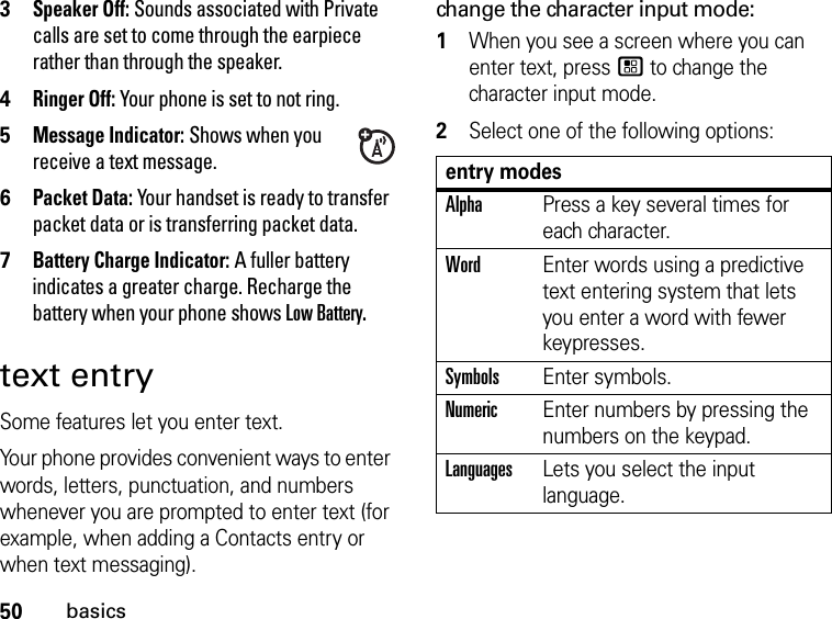 50basics3Speaker Off: Sounds associated with Private calls are set to come through the earpiece rather than through the speaker.4Ringer Off: Your phone is set to not ring.5Message Indicator: Shows when you receive a text message. 6Packet Data: Your handset is ready to transfer packet data or is transferring packet data.7Battery Charge Indicator: A fuller battery indicates a greater charge. Recharge the battery when your phone shows Low Battery. text entrySome features let you enter text.Your phone provides convenient ways to enter words, letters, punctuation, and numbers whenever you are prompted to enter text (for example, when adding a Contacts entry or when text messaging).change the character input mode:1When you see a screen where you can enter text, press / to change the character input mode.2Select one of the following options:entry modesAlphaPress a key several times for each character.WordEnter words using a predictive text entering system that lets you enter a word with fewer keypresses.SymbolsEnter symbols.NumericEnter numbers by pressing the numbers on the keypad.LanguagesLets you select the input language.