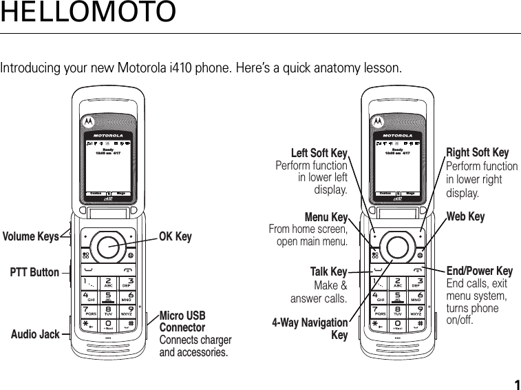 1HELLOMOTOIntroducing your new Motorola i410 phone. Here’s a quick anatomy lesson.Left Soft KeyPerform function in lower left display.Right Soft KeyPerform function in lower right display.End/Power KeyEnd calls, exit menu system, turns phone on/off.Web KeyTalk KeyMake &amp;answer calls.4-Way Navigation KeyVolume KeysPTT ButtonMicro USB ConnectorConnects charger and accessories.Audio JackMenu KeyFrom home screen,open main menu.OK KeyReady10:05 am  4/17Contcs MsgsReady10:05 am  4/17Contcs Msgs