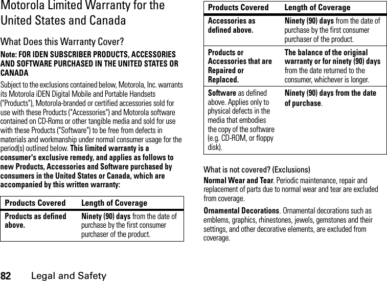 82Legal and SafetyMotorola Limited Warranty for the United States and CanadaWhat Does this Warranty Cover?Note: FOR IDEN SUBSCRIBER PRODUCTS, ACCESSORIES AND SOFTWARE PURCHASED IN THE UNITED STATES OR CANADASubject to the exclusions contained below, Motorola, Inc. warrants its Motorola iDEN Digital Mobile and Portable Handsets (&quot;Products&quot;), Motorola-branded or certified accessories sold for use with these Products (&quot;Accessories&quot;) and Motorola software contained on CD-Roms or other tangible media and sold for use with these Products (&quot;Software&quot;) to be free from defects in materials and workmanship under normal consumer usage for the period(s) outlined below. This limited warranty is a consumer&apos;s exclusive remedy, and applies as follows to new Products, Accessories and Software purchased by consumers in the United States or Canada, which are accompanied by this written warranty:What is not covered? (Exclusions)Normal Wear and Tear. Periodic maintenance, repair and replacement of parts due to normal wear and tear are excluded from coverage.Ornamental Decorations. Ornamental decorations such as emblems, graphics, rhinestones, jewels, gemstones and their settings, and other decorative elements, are excluded from coverage.Products Covered Length of CoverageProducts as defined above.Ninety (90) days from the date of purchase by the first consumer purchaser of the product.Accessories as defined above.Ninety (90) days from the date of purchase by the first consumer purchaser of the product.Products or Accessories that are Repaired or Replaced.The balance of the original warranty or for ninety (90) days from the date returned to the consumer, whichever is longer.Software as defined above. Applies only to physical defects in the media that embodies the copy of the software (e.g. CD-ROM, or floppy disk).Ninety (90) days from the date of purchase.Products Covered Length of Coverage