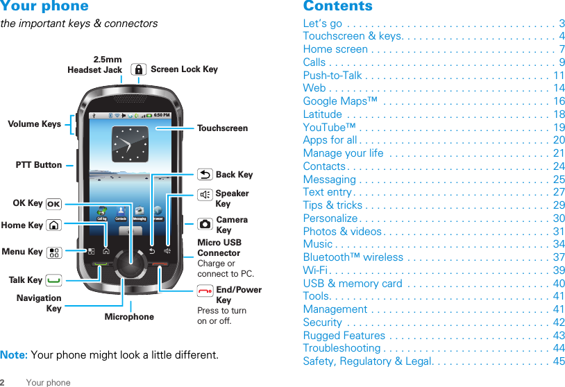 2Your phoneYour phonethe important keys &amp; connectorsNote: Your phone might look a little different.6:50 PMBrowserMessagingCall log ContactsPress to turn  on or off.2.5mm Headset JackHome KeyBack KeyMicrophoneMenu KeyMicro USB ConnectorCharge or connect to PC.PTT ButtonTouchscreenCamera KeySpeakerKeyVolume KeysTalk Key        End/Power  KeyScreen Lock KeyNavigation KeyOK KeyOKContentsLet’s go  . . . . . . . . . . . . . . . . . . . . . . . . . . . . . . . . . . . 3Touchscreen &amp; keys. . . . . . . . . . . . . . . . . . . . . . . . . .  4Home screen . . . . . . . . . . . . . . . . . . . . . . . . . . . . . . . 7Calls . . . . . . . . . . . . . . . . . . . . . . . . . . . . . . . . . . . . . . 9Push-to-Talk . . . . . . . . . . . . . . . . . . . . . . . . . . . . . . .  11Web . . . . . . . . . . . . . . . . . . . . . . . . . . . . . . . . . . . . . 14Google Maps™  . . . . . . . . . . . . . . . . . . . . . . . . . . . . 16Latitude  . . . . . . . . . . . . . . . . . . . . . . . . . . . . . . . . . .  18YouTube™ . . . . . . . . . . . . . . . . . . . . . . . . . . . . . . . .  19Apps for all . . . . . . . . . . . . . . . . . . . . . . . . . . . . . . . .  20Manage your life  . . . . . . . . . . . . . . . . . . . . . . . . . . . 21Contacts. . . . . . . . . . . . . . . . . . . . . . . . . . . . . . . . . . 24Messaging . . . . . . . . . . . . . . . . . . . . . . . . . . . . . . . . 25Text entry. . . . . . . . . . . . . . . . . . . . . . . . . . . . . . . . . 27Tips &amp; tricks . . . . . . . . . . . . . . . . . . . . . . . . . . . . . . . 29Personalize. . . . . . . . . . . . . . . . . . . . . . . . . . . . . . . . 30Photos &amp; videos. . . . . . . . . . . . . . . . . . . . . . . . . . . . 31Music . . . . . . . . . . . . . . . . . . . . . . . . . . . . . . . . . . . . 34Bluetooth™ wireless . . . . . . . . . . . . . . . . . . . . . . . . 37Wi-Fi. . . . . . . . . . . . . . . . . . . . . . . . . . . . . . . . . . . . . 39USB &amp; memory card  . . . . . . . . . . . . . . . . . . . . . . . .  40Tools. . . . . . . . . . . . . . . . . . . . . . . . . . . . . . . . . . . . . 41Management . . . . . . . . . . . . . . . . . . . . . . . . . . . . . . 41Security  . . . . . . . . . . . . . . . . . . . . . . . . . . . . . . . . . .  42Rugged Features . . . . . . . . . . . . . . . . . . . . . . . . . . . 43Troubleshooting . . . . . . . . . . . . . . . . . . . . . . . . . . . . 44Safety, Regulatory &amp; Legal. . . . . . . . . . . . . . . . . . . .  45