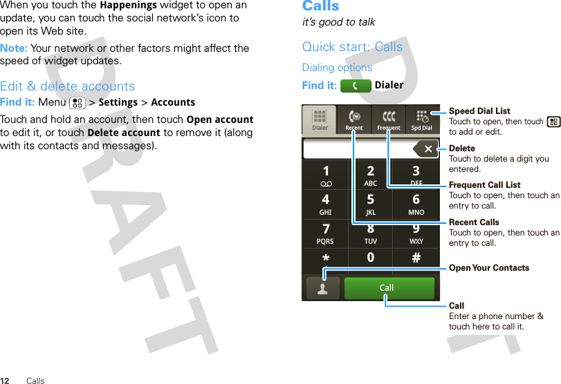12 CallsWhen you touch the Happenings widget to open an update, you can touch the social network’s icon to open its Web site.Note: Your network or other factors might affect the speed of widget updates.Edit &amp; delete accountsFind it: Menu  &gt; Settings &gt; AccountsTouch and hold an account, then touch Open account to edit it, or touch Delete account to remove it (along with its contacts and messages).Callsit’s good to talkQuick start: CallsDialing optionsFind it:  DialerRecent FrequentDialer Spd Dial GHIABC DEFMNOTUVPQRS WXY*+#4123687905JKLCallSpeed Dial ListTouch to open, then touchto add or edit. Frequent Call ListTouch to open, then touch an entry to call. DeleteTouch to delete a digit you entered. Recent CallsTouch to open, then touch an entry to call.Open Your  ContactsCallEnter a phone number &amp; touch here to call it.