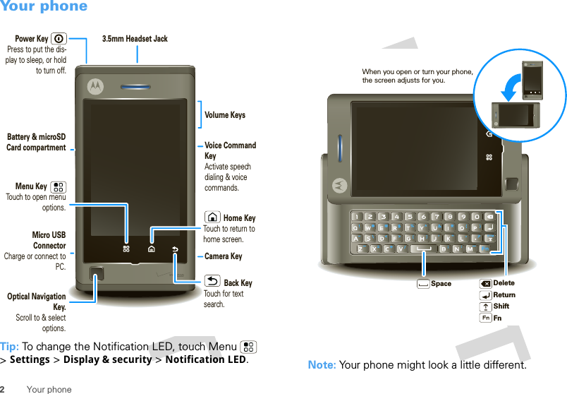 2Your phoneYour phoneTip: To change the Notification LED, touch Menu  &gt;Settings &gt; Display &amp; security &gt; Notification LED.       Power KeyPress to put the dis-play to sleep, or hold to turn off.Volume KeysCamera KeyVoice Command KeyActivate speech dialing &amp; voicecommands.      Menu Key      Touch to open menu options.Battery &amp; microSD Card compartmentMicro USB ConnectorCharge or connect to PC.Optical Navigation Key.Scroll to &amp; select options.           Home KeyTouch to return to home screen.           Back KeyTouch for text search.3.5mm Headset JackNote: Your phone might look a little different.DeleteReturnSpaceShiftFnWhen you open or turn your phone, the screen adjusts for you.