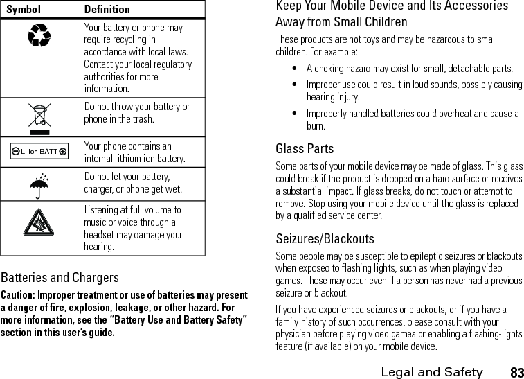Legal and Safety83Batteries and ChargersCaution: Improper treatment or use of batteries may present a danger of fire, explosion, leakage, or other hazard. For more information, see the “Battery Use and Battery Safety” section in this user’s guide.Keep Your Mobile Device and Its Accessories Away from Small ChildrenThese products are not toys and may be hazardous to small children. For example:•A choking hazard may exist for small, detachable parts.•Improper use could result in loud sounds, possibly causing hearing injury.•Improperly handled batteries could overheat and cause a burn.Glass PartsSome parts of your mobile device may be made of glass. This glass could break if the product is dropped on a hard surface or receives a substantial impact. If glass breaks, do not touch or attempt to remove. Stop using your mobile device until the glass is replaced by a qualified service center.Seizures/BlackoutsSome people may be susceptible to epileptic seizures or blackouts when exposed to flashing lights, such as when playing video games. These may occur even if a person has never had a previous seizure or blackout.If you have experienced seizures or blackouts, or if you have a family history of such occurrences, please consult with your physician before playing video games or enabling a flashing-lights feature (if available) on your mobile device.Your battery or phone may require recycling in accordance with local laws. Contact your local regulatory authorities for more information.Do not throw your battery or phone in the trash.Your phone contains an internal lithium ion battery.Do not let your battery, charger, or phone get wet.Listening at full volume to music or voice through a headset may damage your hearing.Symbol Definition032375o032378oLi Ion BATT