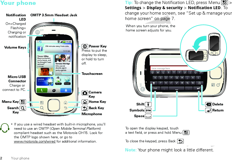 2Your phoneYour phoneTrevor GilleyBlack turtleneck and a beret, and he thought I was serious?5 min ago298 minutes away from cake.15 min agoBrowserVanessa EskridgeUltra secret double-agent party agenda LondonPartly Sunny20˚11:353GMarketBMarket˚Power KeyPress to put the display to sleep, or hold to turn off.OMTP 3.5mm Headset JackHome KeyBack KeyMicrophoneSearch KeyMicro USB ConnectorCharge or connect to PC.Notification LEDOn=ChargedFlashing= Charging or notificationVolume KeysTo u chscreenCamera KeyMenu Key*If you use a wired headset with built-in microphone, you&apos;ll need to use an OMTP (Open Mobile Terminal Platform) compliant headset such as the Motorola OH15. Look for the OMTP logo shown here, or go to www.motorola.com/wired for additional information.Tip: To change the Notification LED, press Menu  &gt; Settings &gt; Display &amp; security &gt; Notification LED. To change your home screen, see “Set up &amp; manage your home screen” on page 7.Note: Your phone might look a little different.11:353GEnter message hereDeleteReturnSpaceSymbolsShiftWhen you turn your phone, the home screen adjusts for you.To open the display keypad, toucha text field, or press and hold MenuTo close the keypad, press Back