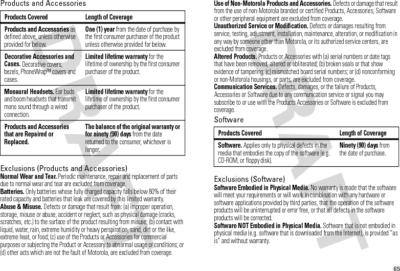 65Products and AccessoriesExclusions (Products and Accessories)Normal Wear and Tear. Periodic maintenance, repair and replacement of parts due to normal wear and tear are excluded from coverage.Batteries. Only batteries whose fully charged capacity falls below 80% of their rated capacity and batteries that leak are covered by this limited warranty.Abuse &amp; Misuse. Defects or damage that result from: (a) improper operation, storage, misuse or abuse, accident or neglect, such as physical damage (cracks, scratches, etc.) to the surface of the product resulting from misuse; (b) contact with liquid, water, rain, extreme humidity or heavy perspiration, sand, dirt or the like, extreme heat, or food; (c) use of the Products or Accessories for commercial purposes or subjecting the Product or Accessory to abnormal usage or conditions; or (d) other acts which are not the fault of Motorola, are excluded from coverage.Products Covered Length of CoverageProducts and Accessories as defined above, unless otherwise provided for below.One (1) year from the date of purchase by the first consumer purchaser of the product unless otherwise provided for below.Decorative Accessories and Cases. Decorative covers, bezels, PhoneWrap™ covers and cases.Limited lifetime warranty for the lifetime of ownership by the first consumer purchaser of the product.Monaural Headsets. Ear buds and boom headsets that transmit mono sound through a wired connection.Limited lifetime warranty for the lifetime of ownership by the first consumer purchaser of the product.Products and Accessories that are Repaired or Replaced.The balance of the original warranty or for ninety (90) days from the date returned to the consumer, whichever is longer.Use of Non-Motorola Products and Accessories. Defects or damage that result from the use of non-Motorola branded or certified Products, Accessories, Software or other peripheral equipment are excluded from coverage.Unauthorized Service or Modification. Defects or damages resulting from service, testing, adjustment, installation, maintenance, alteration, or modification in any way by someone other than Motorola, or its authorized service centers, are excluded from coverage.Altered Products. Products or Accessories with (a) serial numbers or date tags that have been removed, altered or obliterated; (b) broken seals or that show evidence of tampering; (c) mismatched board serial numbers; or (d) nonconforming or non-Motorola housings, or parts, are excluded from coverage.Communication Services. Defects, damages, or the failure of Products, Accessories or Software due to any communication service or signal you may subscribe to or use with the Products Accessories or Software is excluded from coverage.SoftwareExclusions (Software)Software Embodied in Physical Media. No warranty is made that the software will meet your requirements or will work in combination with any hardware or software applications provided by third parties, that the operation of the software products will be uninterrupted or error free, or that all defects in the software products will be corrected.Software NOT Embodied in Physical Media. Software that is not embodied in physical media (e.g. software that is downloaded from the Internet), is provided “as is” and without warranty.Products Covered Length of CoverageSoftware. Applies only to physical defects in the media that embodies the copy of the software (e.g. CD-ROM, or floppy disk).Ninety (90) days from the date of purchase.