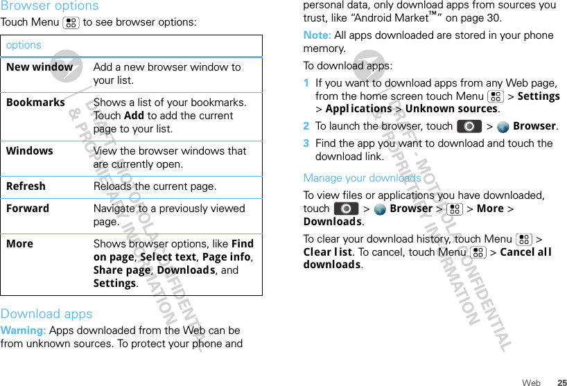 25WebBrowser optionsTouch Menu  to see browser options:Download appsWarning: Apps downloaded from the Web can be from unknown sources. To protect your phone and optionsNew window Add a new browser window to your list.Bookmarks Shows a list of your bookmarks. Tou ch  Add to add the current page to your list.Windows View the browser windows that are currently open.Refresh Reloads the current page.Forward Navigate to a previously viewed page.More Shows browser options, like Find on page, Select text, Page info, Share page, Downloads, and Settings.personal data, only download apps from sources you trust, like “Android Market™” on page 30.Note: All apps downloaded are stored in your phone memory.To download apps:   1If you want to download apps from any Web page, from the home screen touch Menu  &gt; Settings &gt; Appl ications &gt; Unknown sources.2To launch the browser, touch &gt;  Browser.3Find the app you want to download and touch the download link.Manage your downloadsTo view files or applications you have downloaded, touch &gt;  Browser &gt;   &gt; More &gt; Downloads. To clear your download history, touch Menu  &gt; Clear l ist. To cancel, touch Menu  &gt; Cancel all downloads.