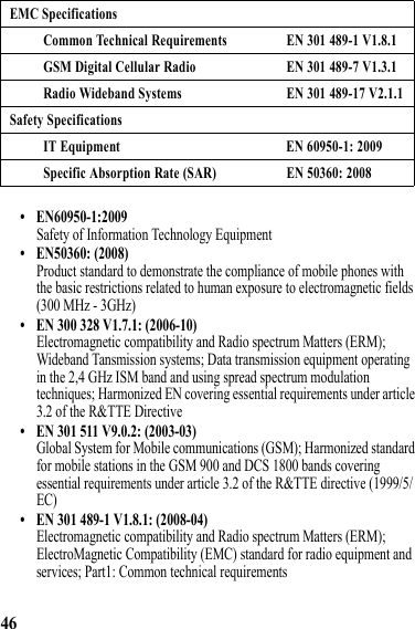 46• EN60950-1:2009Safety of Information Technology Equipment• EN50360: (2008)Product standard to demonstrate the compliance of mobile phones with the basic restrictions related to human exposure to electromagnetic fields (300 MHz - 3GHz)• EN 300 328 V1.7.1: (2006-10)Electromagnetic compatibility and Radio spectrum Matters (ERM); Wideband Tansmission systems; Data transmission equipment operating in the 2,4 GHz ISM band and using spread spectrum modulation techniques; Harmonized EN covering essential requirements under article 3.2 of the R&amp;TTE Directive• EN 301 511 V9.0.2: (2003-03)Global System for Mobile communications (GSM); Harmonized standard for mobile stations in the GSM 900 and DCS 1800 bands covering essential requirements under article 3.2 of the R&amp;TTE directive (1999/5/EC)• EN 301 489-1 V1.8.1: (2008-04)Electromagnetic compatibility and Radio spectrum Matters (ERM); ElectroMagnetic Compatibility (EMC) standard for radio equipment and services; Part1: Common technical requirementsEMC SpecificationsCommon Technical Requirements EN 301 489-1 V1.8.1GSM Digital Cellular Radio EN 301 489-7 V1.3.1Radio Wideband Systems EN 301 489-17 V2.1.1Safety SpecificationsIT Equipment EN 60950-1: 2009Specific Absorption Rate (SAR) EN 50360: 2008