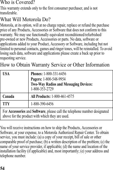 54Who is Covered?This warranty extends only to the first consumer purchaser, and is not transferable.What Will Motorola Do?Motorola, at its option, will at no charge repair, replace or refund the purchase price of any Products, Accessories or Software that does not conform to this warranty. We may use functionally equivalent reconditioned/refurbished/pre-owned or new Products, Accessories or parts. No data, software or applications added to your Product, Accessory or Software, including but not limited to personal contacts, games and ringer tones, will be reinstalled. To avoid losing such data, software and applications please create a back up prior to requesting service.How to Obtain Warranty Service or Other InformationYou will receive instructions on how to ship the Products, Accessories or Software, at your expense, to a Motorola Authorized Repair Center. To obtain service, you must include: (a) a copy of your receipt, bill of sale or other comparable proof of purchase; (b) a written description of the problem; (c) the name of your service provider, if applicable; (d) the name and location of the installation facility (if applicable) and, most importantly; (e) your address and telephone number.USA Phones: 1-800-331-6456Pagers: 1-800-548-9954Two-Way Radios and Messaging Devices: 1-800-353-2729Canada All Products: 1-800-461-4575TTY1-888-390-6456For Accessories and Software, please call the telephone number designated above for the product with which they are used.