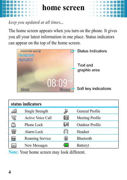 home screen4home screenkeep you updated at all times... The home screen appears when you turn on the phone. It gives you all your latest information in one place. Status indicators can appear on the top of the home screen.Note: Your home screen may look different.status indicatorsSingle Strength General ProfileActive Voice Call Meeting ProfilePhone Lock Outdoor ProfileAlarm Lock HeadsetRoaming Service BluetoothNew Messages Batteryt