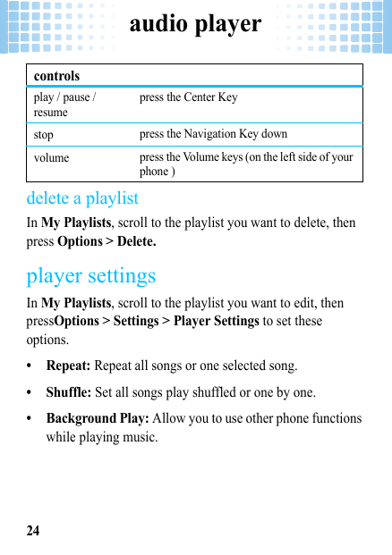 audio player24delete a playlistIn My Playlists, scroll to the playlist you want to delete, then press Options &gt; Delete.player settingsIn My Playlists, scroll to the playlist you want to edit, then pressOptions &gt; Settings &gt; Player Settings to set these options.•Repeat: Repeat all songs or one selected song.• Shuffle: Set all songs play shuffled or one by one.• Background Play: Allow you to use other phone functions while playing music.play / pause / resumepress the Center Keystop press the Navigation Key downvolume press the Volume keys (on the left side of your phone )controls