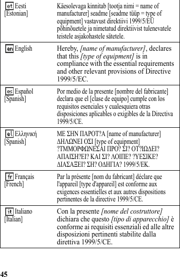 45 Eesti[Estonian] Käesolevaga kinnitab [tootja nimi = name of manufacturer] seadme [seadme tüüp = type of equipment] vastavust direktiivi 1999/5/EÜ põhinõuetele ja nimetatud direktiivist tulenevatele teistele asjakohastele sätetele.  EnglishHereby, [name of manufacturer], declares that this [type of equipment] is in compliance with the essential requirements and other relevant provisions of Directive 1999/5/EC. Español[Spanish] Por medio de la presente [nombre del fabricante] declara que el [clase de equipo] cumple con los requisitos esenciales y cualesquiera otras disposiciones aplicables o exigibles de la Directiva 1999/5/CE.  Ελληνική[Spanish] ΜΕ ΣΗΝ ΠΑΡΟΤ?Α [name of manufacturer] ΔΗΛΩΝΕΙ ΟΣΙ [type of equipment] ?ΤΜΜΟΡΦΩΝΕΣΑΙ ΠΡΟ? ΣΙ? ΟΤ?ΙΩΔΕΙ? ΑΠΑΙΣΗ?ΕΙ? ΚΑΙ ΣΙ? ΛΟΙΠΕ? ?ΥΕΣΙΚΕ? ΔΙΑΣΑΞΕΙ? ΣΗ? ΟΔΗΓΙΑ? 1999/5/ΕΚ.  Français[French] Par la présente [nom du fabricant] déclare que l&apos;appareil [type d&apos;appareil] est conforme aux exigences essentielles et aux autres dispositions pertinentes de la directive 1999/5/CE. Italiano[Italian]Con la presente [nome del costruttore] dichiara che questo [tipo di apparecchio] è conforme ai requisiti essenziali ed alle altre disposizioni pertinenti stabilite dalla direttiva 1999/5/CE.