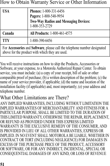 51How to Obtain Warranty Service or Other InformationYou will receive instructions on how to ship the Products, Accessories or Software, at your expense, to a Motorola Authorized Repair Center. To obtain service, you must include: (a) a copy of your receipt, bill of sale or other comparable proof of purchase; (b) a written description of the problem; (c) the name of your service provider, if applicable; (d) the name and location of the installation facility (if applicable) and, most importantly; (e) your address and telephone number.What Other Limitations are There?ANY IMPLIED WARRANTIES, INCLUDING WITHOUT LIMITATION THE IMPLIED WARRANTIES OF MERCHANTABILITY AND FITNESS FOR A PARTICULAR PURPOSE, SHALL BE LIMITED TO THE DURATION OF THIS LIMITED WARRANTY, OTHERWISE THE REPAIR, REPLACEMENT, OR REFUND AS PROVIDED UNDER THIS EXPRESS LIMITED WARRANTY IS THE EXCLUSIVE REMEDY OF THE CONSUMER, AND IS PROVIDED IN LIEU OF ALL OTHER WARRANTIES, EXPRESS OR IMPLIED. IN NO EVENT SHALL MOTOROLA BE LIABLE, WHETHER IN CONTRACT OR TORT (INCLUDING NEGLIGENCE) FOR DAMAGES IN EXCESS OF THE PURCHASE PRICE OF THE PRODUCT, ACCESSORY OR SOFTWARE, OR FOR ANY INDIRECT, INCIDENTAL, SPECIAL OR CONSEQUENTIAL DAMAGES OF ANY KIND, OR LOSS OF REVENUE USA Phones: 1-800-331-6456Pagers: 1-800-548-9954Two-Way Radios and Messaging Devices: 1-800-353-2729Canada All Products: 1-800-461-4575TTY1-888-390-6456For Accessories and Software, please call the telephone number designated above for the product with which they are used.