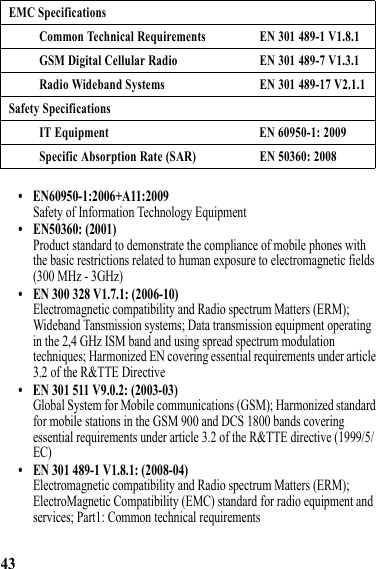 43• EN60950-1:2006+A11:2009Safety of Information Technology Equipment• EN50360: (2001)Product standard to demonstrate the compliance of mobile phones with the basic restrictions related to human exposure to electromagnetic fields (300 MHz - 3GHz)• EN 300 328 V1.7.1: (2006-10)Electromagnetic compatibility and Radio spectrum Matters (ERM); Wideband Tansmission systems; Data transmission equipment operating in the 2,4 GHz ISM band and using spread spectrum modulation techniques; Harmonized EN covering essential requirements under article 3.2 of the R&amp;TTE Directive• EN 301 511 V9.0.2: (2003-03)Global System for Mobile communications (GSM); Harmonized standard for mobile stations in the GSM 900 and DCS 1800 bands covering essential requirements under article 3.2 of the R&amp;TTE directive (1999/5/EC)• EN 301 489-1 V1.8.1: (2008-04)Electromagnetic compatibility and Radio spectrum Matters (ERM); ElectroMagnetic Compatibility (EMC) standard for radio equipment and services; Part1: Common technical requirementsEMC SpecificationsCommon Technical Requirements EN 301 489-1 V1.8.1GSM Digital Cellular Radio EN 301 489-7 V1.3.1Radio Wideband Systems EN 301 489-17 V2.1.1Safety SpecificationsIT Equipment EN 60950-1: 2009Specific Absorption Rate (SAR) EN 50360: 2008