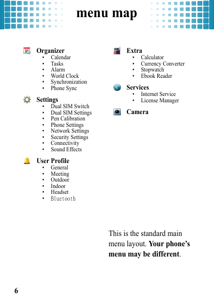 menu map6Organizer• Calendar•Tasks•Alarm• World Clock• Synchronization• Phone SyncSettings• Dual SIM Switch• Dual SIM Settings• Pen Calibration• Phone Settings• Network Settings• Security Settings• Connectivity• Sound EffectsUser Profile• General• Meeting• Outdoor• Indoor• Headset•BluetoothExtra• Calculator• Currency Converter• Stopwatch• Ebook ReaderServices• Internet Service• License ManagerCameraThis is the standard main menu layout. Your phone’s menu may be different.