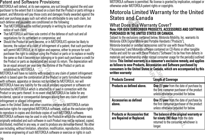 70Patent and Software Provisions:MOTOROLA will defend, at its own expense, any suit brought against the end user purchaser to the extent that it is based on a claim that the Product or parts infringe a patent, and Motorola will pay those costs and damages finally awarded against the end user purchaser in any such suit which are attributable to any such claim, but such defense and payments are conditioned on the following:•That MOTOROLA will be notified promptly in writing by such purchaser of any notice of such claim;•That MOTOROLA will have sole control of the defense of such suit and all negotiations for its settlement or compromise; and•Should the Product or parts become, or in MOTOROLA’S opinion be likely to become, the subject of a claim of infringement of a patent, that such purchaser will permit MOTOROLA, at its option and expense, either to procure for such purchaser the right to continue using the Product or parts or to replace or modify the same so that it becomes non infringing or to grant such purchaser a credit for the Product or parts as depreciated and accept its return. The depreciation will be an equal amount per year over the lifetime of the Product or parts as established by MOTOROLA.MOTOROLA will have no liability with respect to any claim of patent infringement which is based upon the combination of the Product or parts furnished hereunder with software, apparatus or devices not furnished by MOTOROLA, nor will MOTOROLA have any liability for the use of ancillary equipment or software not furnished by MOTOROLA which is attached to or sued in connection with the Product or any parts thereof. In no event shall MOTOROLA be liable for any incidental, special or consequential damages arising from any claim of patent infringement or alleged infringement.Laws in the United States and other countries preserve for MOTOROLA certain exclusive rights for copyrighted MOTOROLA software, such as the exclusive rights to reproduce in copies and distribute copies of such MOTOROLA software. MOTOROLA software may be used in only the Product in which the software was originally embodied and such software in such Product may not be replaced, copied, distributed, modified in any way, or used to produce any derivative thereof. No other use including, without limitation, alteration, modification, reproduction, distribution, or reverse engineering of such MOTOROLA software or exercise or rights in such MOTOROLA software is permitted. No license is granted by implication, estoppel or otherwise under MOTOROLA patent rights or copyrights.Motorola Limited Warranty for the United States and CanadaWarr an tyWhat Does this Warranty Cover?Note: FOR IDEN SUBSCRIBER PRODUCTS, ACCESSORIES AND SOFTWARE PURCHASED IN THE UNITED STATES OR CANADA.Subject to the exclusions contained below, Motorola Mobility, Inc. warrants its Motorola iDEN Digital Mobile and Portable Handsets (&quot;Products&quot;), Motorola-branded or certified accessories sold for use with these Products (&quot;Accessories&quot;) and Motorola software contained on CD-Roms or other tangible media and sold for use with these Products (&quot;Software&quot;) to be free from defects in materials and workmanship under normal consumer usage for the period(s) outlined below. This limited warranty is a consumer&apos;s exclusive remedy, and applies as follows to new Products, Accessories and Software purchased by consumers in the United States or Canada, which are accompanied by this written warranty:Products Covered Length of CoverageProducts as defined above. One (1) year from the date of purchase by the first consumer purchaser of the product unless otherwise provided for below.Accessories as defined above.One (1) year from the date of purchase by the first consumer purchaser of the product unless otherwise provided for below.Products or Accessories that are Repaired or Replaced.The balance of the original warranty or for ninety (90) days from the date returned to the consumer, whichever is longer.