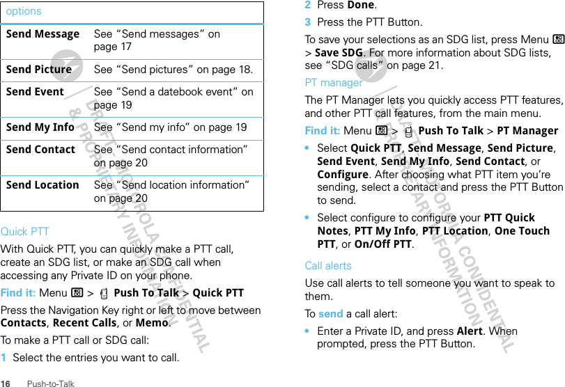 16 Push-to-TalkQuick PTTWith Quick PTT, you can quickly make a PTT call, create an SDG list, or make an SDG call when accessing any Private ID on your phone.Find it: Menu / &gt;  Push To Talk &gt; Quick PTTPress the Navigation Key right or left to move between Contacts, Recent Calls, or Memo.To make a PTT call or SDG call:  1Select the entries you want to call.Send Message See “Send messages” on page 17Send Picture See “Send pictures” on page 18.Send Event See “Send a datebook event” on page 19Send My Info See “Send my info” on page 19Send Contact See “Send contact information” on page 20Send Location See “Send location information” on page 20options 2Press Done.3Press the PTT Button.To save your selections as an SDG list, press Menu / &gt; Save SDG. For more information about SDG lists, see “SDG calls” on page 21.PT managerThe PT Manager lets you quickly access PTT features, and other PTT call features, from the main menu.Find it: Menu / &gt;  Push To Talk &gt; PT Manager•Select Quick PTT, Send Message, Send Picture, Send Event, Send My Info, Send Contact, or Configure. After choosing what PTT item you’re sending, select a contact and press the PTT Button to send.•Select configure to configure your PTT Quick Notes, PTT My Info, PTT Location, One Touch PTT, or On/Off PTT.Call alertsUse call alerts to tell someone you want to speak to them.To   send a call alert:•Enter a Private ID, and press Alert. When prompted, press the PTT Button.