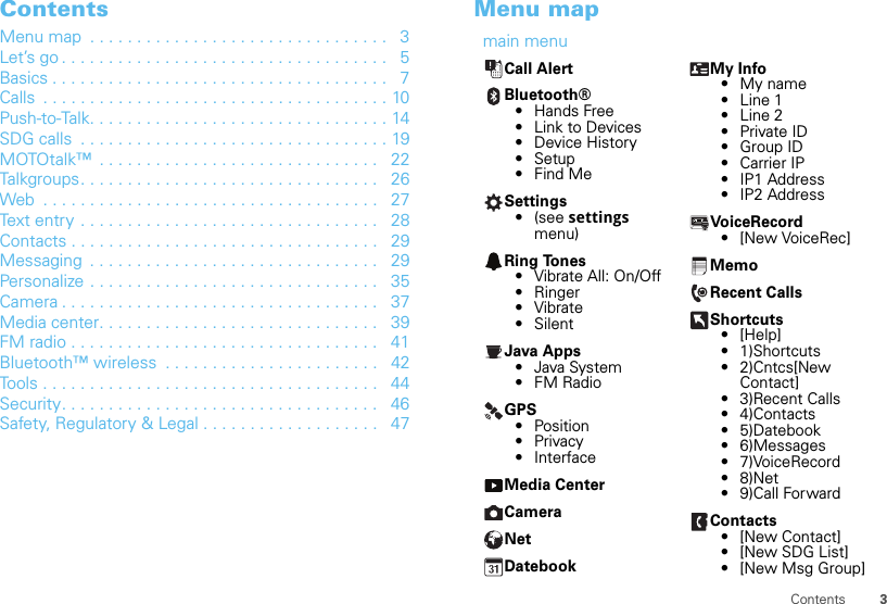 3ContentsContentsMenu map  . . . . . . . . . . . . . . . . . . . . . . . . . . . . . . . .   3Let’s go . . . . . . . . . . . . . . . . . . . . . . . . . . . . . . . . . . .   5Basics . . . . . . . . . . . . . . . . . . . . . . . . . . . . . . . . . . . .   7Calls  . . . . . . . . . . . . . . . . . . . . . . . . . . . . . . . . . . . . . 10Push-to-Talk. . . . . . . . . . . . . . . . . . . . . . . . . . . . . . . . 14SDG calls  . . . . . . . . . . . . . . . . . . . . . . . . . . . . . . . . . 19MOTOtalk™  . . . . . . . . . . . . . . . . . . . . . . . . . . . . . .   22Talkgroups. . . . . . . . . . . . . . . . . . . . . . . . . . . . . . . .   26Web  . . . . . . . . . . . . . . . . . . . . . . . . . . . . . . . . . . . .   27Text entry . . . . . . . . . . . . . . . . . . . . . . . . . . . . . . . .   28Contacts . . . . . . . . . . . . . . . . . . . . . . . . . . . . . . . . .   29Messaging  . . . . . . . . . . . . . . . . . . . . . . . . . . . . . . .   29Personalize . . . . . . . . . . . . . . . . . . . . . . . . . . . . . . .   35Camera . . . . . . . . . . . . . . . . . . . . . . . . . . . . . . . . . .   37Media center. . . . . . . . . . . . . . . . . . . . . . . . . . . . . .   39FM radio . . . . . . . . . . . . . . . . . . . . . . . . . . . . . . . . .   41Bluetooth™ wireless  . . . . . . . . . . . . . . . . . . . . . . .   42Tools . . . . . . . . . . . . . . . . . . . . . . . . . . . . . . . . . . . .   44Security. . . . . . . . . . . . . . . . . . . . . . . . . . . . . . . . . .   46Safety, Regulatory &amp; Legal . . . . . . . . . . . . . . . . . . .   47Menu mapmain menuCall AlertBluetooth®• Hands Free• Link to Devices• Device History•Setup• Find MeSettings• (see settings menu)Ring Tones• Vibrate All: On/Off• Ringer• Vibrate• SilentJava Apps• Java System• FM RadioGPS•Position•Privacy• InterfaceMedia CenterCameraNetDatebookMy Info•My name•Line 1•Line 2•Private ID•Group ID• Carrier IP• IP1 Address• IP2 AddressVoiceRecord• [New VoiceRec]MemoRecent CallsShortcuts• [Help]• 1)Shortcuts• 2)Cntcs[New Contact]• 3)Recent Calls• 4)Contacts• 5)Datebook• 6)Messages•7)VoiceRecord•8)Net• 9)Call ForwardContacts• [New Contact]• [New SDG List]• [New Msg Group]