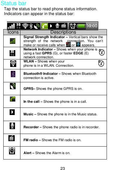  23 Status bar Tap the status bar to read phone status information. Indicators can appear in the status bar:  Icons Descriptions  Signal Strength Indicator – Vertical bars show the strength  of  the  network    connection.  You  can’t make or receive calls when      or     appears.  Network Indicator – Shows when your phone is using a fast GPRS (G), or faster EDGE (E)   network connection.  WLAN – Shows when your phone is in a WLAN. Connection.  Bluetooth® Indicator – Shows when Bluetooth connection is active.  GPRS– Shows the phone GPRS is on.  In the call – Shows the phone is in a call.  Music – Shows the phone is in the Music status.  Recorder – Shows the phone radio is in recorder.  FM radio – Shows the FM radio is on.  Alert – Shows the Alarm is on. 