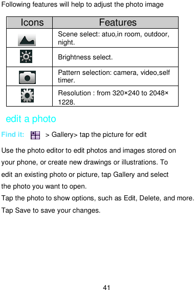  41 Following features will help to adjust the photo image edit a photo Find it:         &gt; Gallery&gt; tap the picture for edit  Use the photo editor to edit photos and images stored on your phone, or create new drawings or illustrations. To edit an existing photo or picture, tap Gallery and select   the photo you want to open. Tap the photo to show options, such as Edit, Delete, and more. Tap Save to save your changes. Icons  Features  Scene select: atuo,in room, outdoor, night.    Brightness select.  Pattern selection: camera, video,self timer.  Resolution : from 320×240 to 2048×1228.   