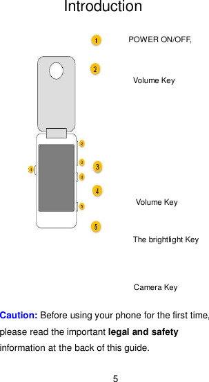 5 Introduction              Caution: Before using your phone for the first time, please read the important legal and safety information at the back of this guide. The brightlight Key Volume Key POWER ON/OFF,   Volume Key Camera Key 