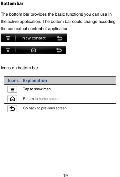  19 The bottom bar provides the basic functions you can use in the active application. The bottom bar could change accoding the contextual content of application  Icons on bottom bar:     Icons Explanation  Tap to show menu.  Return to home screen.  Go back to previous screen. 