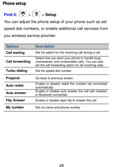  28 Find it:    &gt;   &gt; Setup You can adjust the phone setup of your phone such as set speed dial numbers, or enable additional call services from you wireless service provider.    Options Description Call waiting Set the option for the incoming call during a call Call forwarding Select how you want your phone to handle busy, unanswered, and unreachable calls. You can also set the call forwarding option for all incoming calls. Turbo dialing Set the speed dial number. Prepend Go back to previous screen. Auto redial Enable or disable redial the number not  connected automatically Auto answer Enable or disable auto answer the call with headset or Bluetooth connected. Flip Answer Enable or disable open flip to answer the call My number Set my name and phone number 