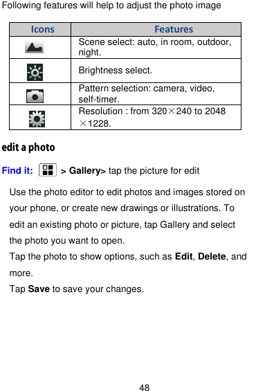  48 Following features will help to adjust the photo image Find it:      &gt; Gallery&gt; tap the picture for edit  Use the photo editor to edit photos and images stored on your phone, or create new drawings or illustrations. To edit an existing photo or picture, tap Gallery and select   the photo you want to open. Tap the photo to show options, such as Edit, Delete, and more. Tap Save to save your changes.    Icons Features  Scene select: auto, in room, outdoor, night.    Brightness select.  Pattern selection: camera, video, self-timer.  Resolution : from 320×240 to 2048×1228.   