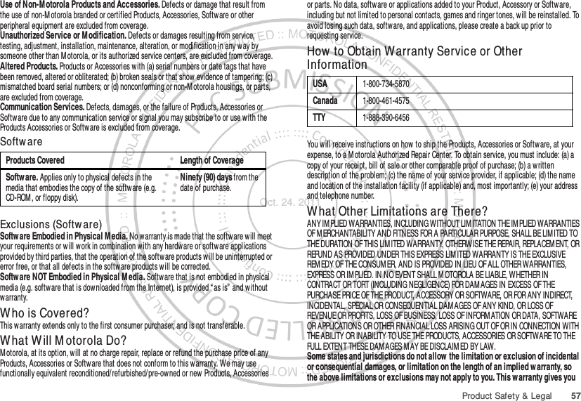 57Product Safety &amp; LegalUse of Non-M otorola Products and Accessories. Defects or damage that result from the use of non-M otorola branded or certified Products, Accessories, Software or other peripheral equipment are excluded from coverage.Unauthorized Service or M odification. Defects or damages resulting from service, testing, adjustment, installation, maintenance, alteration, or modification in any way by someone other than M otorola, or its authorized service centers, are excluded from coverage.Altered Products. Products or Accessories with (a) serial numbers or date tags that have been removed, altered or obliterated; (b) broken seals or that show evidence of tampering; (c) mismatched board serial numbers; or (d) nonconforming or non-Motorola housings, or parts, are excluded from coverage.Communication Services. Defects, damages, or the failure of Products, Accessories or Software due to any communication service or signal you may subscribe to or use with the Products Accessories or Softw are is excluded from coverage.Softw areExclusions (Softw are)Softw are Embodied in Physical M edia. No warranty is made that the software will meet your requirements or w ill work in combination w ith any hardware or software applications provided by third parties, that the operation of the softw are products will be uninterrupted or error free, or that all defects in the softw are products will be corrected.Softw are NOT Embodied in Physical M edia. Software that is not embodied in physical media (e.g. softw are that is dow nloaded from the Internet), is provided “ as is” and without warranty.Who is Covered?This warranty extends only to the first consumer purchaser, and is not transferable.What Will M otorola Do?Motorola, at its option, will at no charge repair, replace or refund the purchase price of any Products, Accessories or Software that does not conform to this warranty. We may use functionally equivalent reconditioned/refurbished/pre-owned or new Products, Accessories Products Covered Length of CoverageSoftw are. Applies only to physical defects in the media that embodies the copy of the software (e.g. CD-ROM, or floppy disk).Ninety (90) days from the date of purchase.or parts. No data, software or applications added to your Product, Accessory or Softw are, including but not limited to personal contacts, games and ringer tones, will be reinstalled. To avoid losing such data, software, and applications, please create a back up prior to requesting service.How  to Obtain Warranty Service or Other InformationYou w ill receive instructions on how to ship the Products, Accessories or Software, at your expense, to a M otorola Authorized Repair Center. To obtain service, you must include: (a) a copy of your receipt, bill of sale or other comparable proof of purchase; (b) a w ritten description of the problem; (c) the name of your service provider, if applicable; (d) the name and location of the installation facility (if applicable) and, most importantly; (e) your address and telephone number.W hat Other Limitations are There?ANY IM PLIED WARRANTIES, INCLUDING WITHOUT LIM ITATION THE IM PLIED WARRANTIES OF MERCHANTABILITY AND FITNESS FOR A PARTICULAR PURPOSE, SHALL BE LIMITED TO THE DURATION OF THIS LIM ITED WARRANTY, OTHERWISE THE REPAIR, REPLACEMENT, OR REFUND AS PROVIDED UNDER THIS EXPRESS LIMITED WARRANTY IS THE EXCLUSIVE REM EDY OF THE CONSUMER, AND IS PROVIDED IN LIEU OF ALL OTHER WARRANTIES, EXPRESS OR IM PLIED. IN NO EVENT SHALL M OTOROLA BE LIABLE, WHETHER IN CONTRACT OR TORT (INCLUDING NEGLIGENCE) FOR DAMAGES IN EXCESS OF THE PURCHASE PRICE OF THE PRODUCT, ACCESSORY OR SOFTWARE, OR FOR ANY INDIRECT, INCIDENTAL, SPECIAL OR CONSEQUENTIAL DAM AGES OF ANY KIND, OR LOSS OF REVENUE OR PROFITS, LOSS OF BUSINESS, LOSS OF INFORM ATION OR DATA, SOFTWARE OR APPLICATIONS OR OTHER FINANCIAL LOSS ARISING OUT OF OR IN CONNECTION WITH THE ABILITY OR INABILITY TO USE THE PRODUCTS, ACCESSORIES OR SOFTWARE TO THE FULL EXTENT THESE DAM AGES MAY BE DISCLAIM ED BY LAW.Some states and jurisdictions do not allow  the limitation or exclusion of incidental or consequential damages, or limitation on the length of an implied w arranty, so the above limitations or exclusions may not apply to you. This w arranty gives you USA1-800-734-5870Canada1-800-461-4575TTY1-888-390-6456Oct. 24. 2011