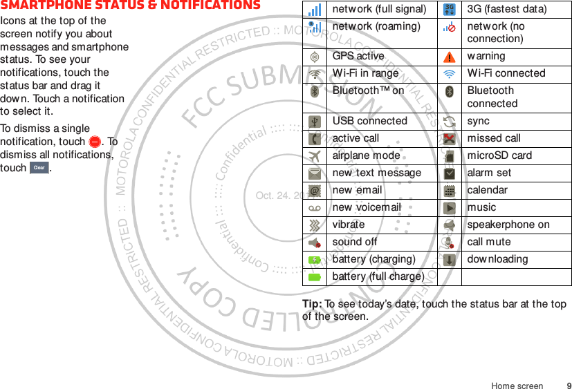 9Home screenSmartphone status &amp; notificationsIcons at the top of the screen notify you about messages and smartphone status. To see your notifications, touch the status bar and drag it down. Touch a notification to select it.To dismiss a single notification, touch . To dismiss all notifications, touch .ClearTip: To see today’s date, touch the status bar at the top of the screen.netw ork (full signal) 3G (fastest data)netw ork (roaming) network (no connection)GPS active warningWi-Fi in range Wi-Fi connectedBluetooth™ on Bluetooth connectedUSB connected syncactive call missed callairplane mode microSD cardnew  text message alarm setnew email calendarnew voicemail musicvibrate speakerphone onsound off call mutebattery (charging) downloadingbattery (full charge)Oct. 24. 2011