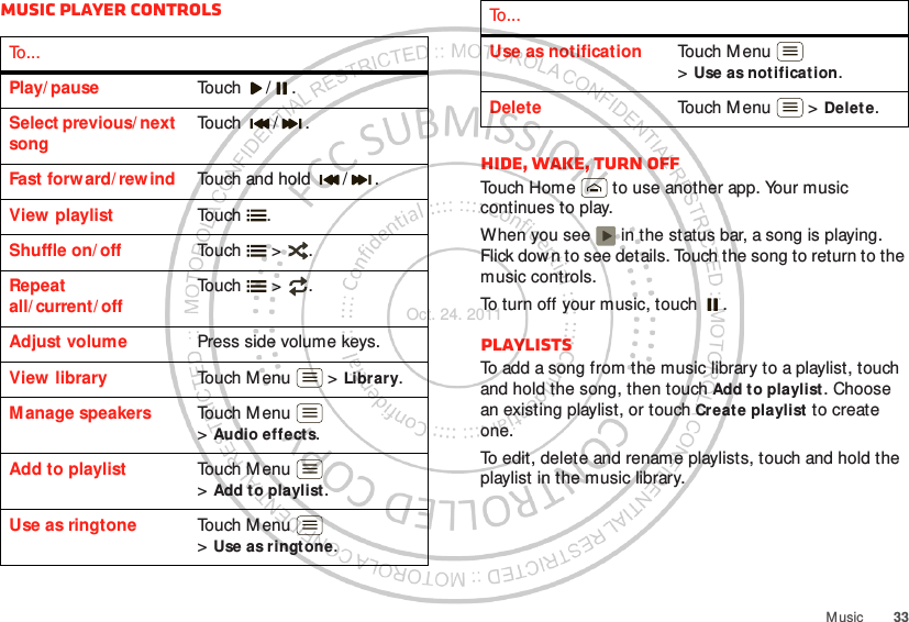 33M usicMusic player controlsTo . . .Play/ pause Touch / .Select previous/ next songTouch / .Fast forw ard/ rew ind Touch and hold  / .View  playlist Touch .Shuffle on/ off Touch  &gt; .Repeat all/ current/ offTouch  &gt; .Adjust volume Press side volume keys.View  library Touch M enu  &gt; Library.Manage speakers Touch M enu  &gt;Audio effects.Add to playlist Touch M enu  &gt;Add to playlist.Use as ringtone Touch M enu  &gt;Use as ringtone.Hide, wake, turn offTouch Home  to use another app. Your music continues to play.When you see   in the status bar, a song is playing. Flick dow n to see details. Touch the song to return to the music controls.To turn off your music, touch .PlaylistsTo add a song from the music library to a playlist, touch and hold the song, then touch Add to playlist. Choose an existing playlist, or touch Create playlist to create one.To edit, delete and rename playlists, touch and hold the playlist in the music library.Use as notification Touch Menu  &gt;Use as notification.Delete Touch Menu  &gt; Delet e.To . . .Oct. 24. 2011