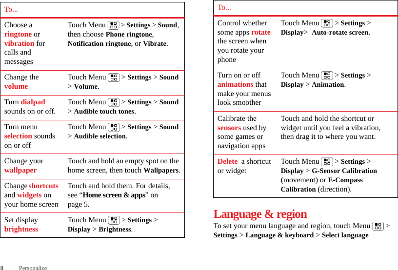 8PersonalizeTo...Choose a ringtone or vibration for calls and messagesTouch Menu  &gt; Settings &gt; Sound, then choose Phone ringtone, Notification ringtone, or Vibrate.Change the volume Touch Menu  &gt; Settings &gt; Sound &gt; Volume.Turn dialpad sounds on or off. Touch Menu  &gt; Settings &gt; Sound &gt; Audible touch tones.Turn menu selection sounds on or offTouch Menu  &gt; Settings &gt; Sound &gt; Audible selection.Change your wallpaper Touch and hold an empty spot on the home screen, then touch Wallpapers.Change shortcuts and widgets on your home screenTouch and hold them. For details, see “Home screen &amp; apps” on page 5.Set display brightness Touch Menu  &gt; Settings &gt; Display &gt; Brightness.Language &amp; regionTo set your menu language and region, touch Menu  &gt; Settings &gt; Language &amp; keyboard &gt; Select languageControl whether some apps rotate the screen when you rotate your phoneTouch Menu  &gt; Settings &gt; Display&gt;  Auto-rotate screen.Turn on or off animations that make your menus look smootherTouch Menu  &gt; Settings &gt; Display &gt; Animation.Calibrate the sensors used by some games or navigation appsTouch and hold the shortcut or widget until you feel a vibration, then drag it to where you want.Delete  a shortcut or widget Touch Menu  &gt; Settings &gt; Display &gt; G-Sensor Calibration (movement) or E-Compass Calibration (direction).To...