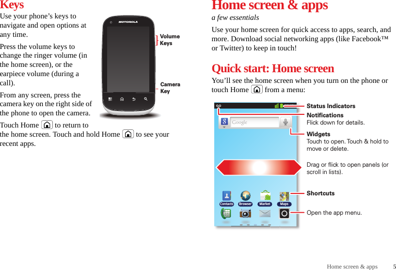 5Home screen &amp; appsKeysUse your phone’s keys to navigate and open options at any time.Press the volume keys to change the ringer volume (in the home screen), or the earpiece volume (during a call).From any screen, press the camera key on the right side of the phone to open the camera.Touch Home  to return to the home screen. Touch and hold Home  to see your recent apps.Camera KeyVolume KeysHome screen &amp; appsa few essentialsUse your home screen for quick access to apps, search, and more. Download social networking apps (like Facebook™ or Twitter) to keep in touch!Quick start: Home screenYou’ll see the home screen when you turn on the phone or touch Home  from a menu:11:19BrowserContacts Market MapsNotificationsFlick down for details.Status IndicatorsShortcuts Open the app menu.WidgetsTouch to open. Touch &amp; hold to move or delete.Drag or flick to open panels (or scroll in lists).