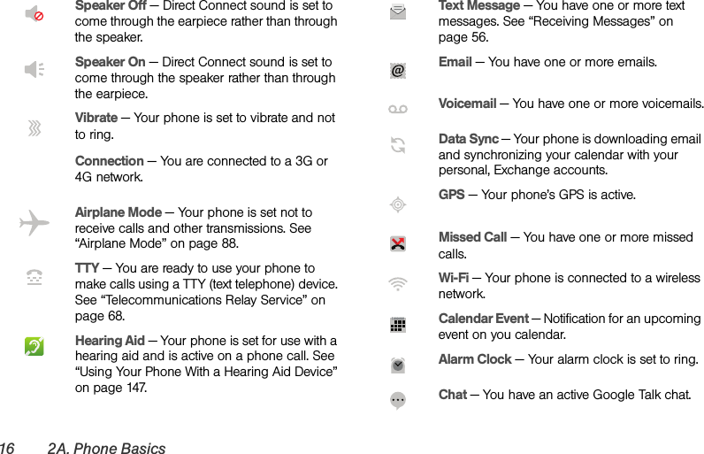 16 2A. Phone Basics Speaker Off — Direct Connect sound is set to come through the earpiece rather than through the speaker.Speaker On — Direct Connect sound is set to come through the speaker rather than through the earpiece.  Vibrate — Your phone is set to vibrate and not to ring. Connection — You are connected to a 3G or 4G network. Airplane Mode — Your phone is set not to receive calls and other transmissions. See “Airplane Mode” on page 88. TTY — You are ready to use your phone to make calls using a TTY (text telephone) device. See “Telecommunications Relay Service” on page 68. Hearing Aid — Your phone is set for use with a hearing aid and is active on a phone call. See “Using Your Phone With a Hearing Aid Device” on page 147. Text Message — You have one or more text messages. See “Receiving Messages” on page 56.  Email — You have one or more emails.  Voicemail — You have one or more voicemails.  Data Sync — Your phone is downloading email and synchronizing your calendar with your personal, Exchange accounts.  GPS — Your phone’s GPS is active.  Missed Call — You have one or more missed calls.  Wi-Fi — Your phone is connected to a wireless network. Calendar Event — Notification for an upcoming event on you calendar. Alarm Clock — Your alarm clock is set to ring. Chat — You have an active Google Talk chat.