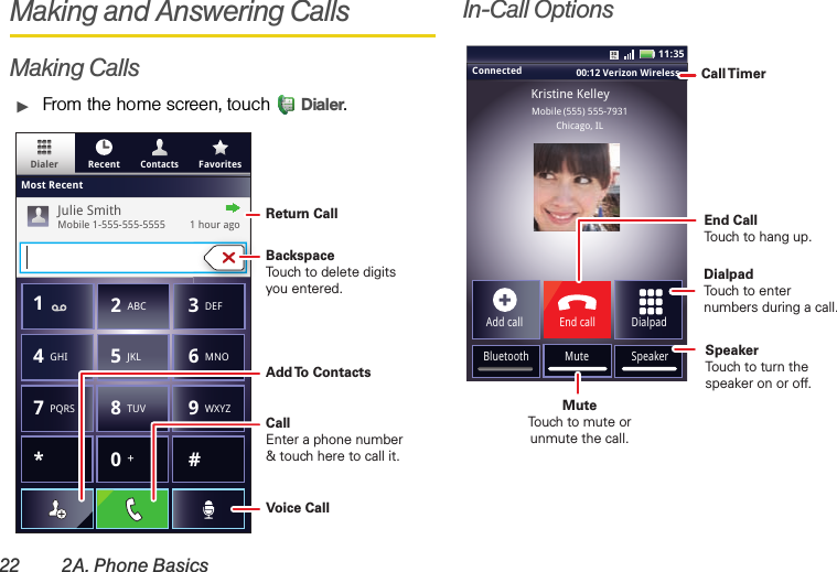 22 2A. Phone BasicsMaking and Answering CallsMaking CallsᮣFrom the home screen, touch Dialer.In-Call OptionsContactsDialer FavoritesRecentMost RecentJulie SmithMobile 1-555-555-5555         1 hour ago*#GHI41ABC2DEF3MNO6TUV8PQRS7WXYZ9+05JKLBackspaceTouch to delete digitsyou entered.Add To  ContactsReturn CallVoice CallCallEnter a phone number&amp; touch here to call it.Connected 00:12 Verizon Wireless Add callBluetooth MuteDialpadEnd callMobile (555) 555-7931Chicago, ILKristine KelleySpeaker11:35Call TimerMute Touch to mute orunmute the call.End Call Touch to hang up.SpeakerTouch to turn the speaker on or off.DialpadTouch to enter numbers during a call.