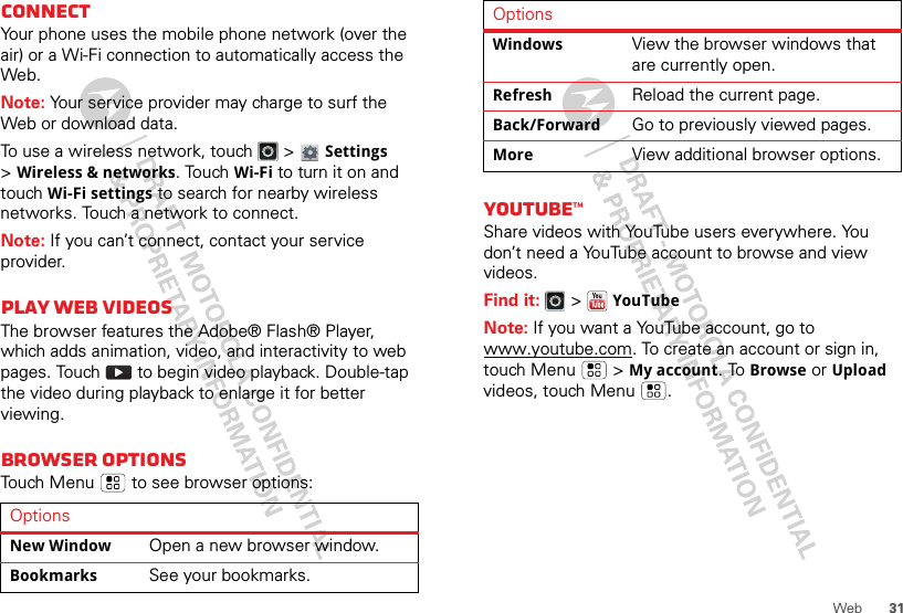 31WebConnectYour phone uses the mobile phone network (over the air) or a Wi-Fi connection to automatically access the Web.Note: Your service provider may charge to surf the Web or download data.To use a wireless network, touch   &gt; Settings &gt;Wireless &amp; networks. Touch Wi-Fi to turn it on and touch Wi-Fi settings to search for nearby wireless networks. Touch a network to connect. Note: If you can’t connect, contact your service provider.Play web videosThe browser features the Adobe® Flash® Player, which adds animation, video, and interactivity to web pages. Touch   to begin video playback. Double-tap the video during playback to enlarge it for better viewing. Browser optionsTouch Menu  to see browser options:OptionsNew WindowOpen a new browser window.BookmarksSee your bookmarks.YouTube™Share videos with YouTube users everywhere. You don’t need a YouTube account to browse and view videos.Find it:   &gt;YouTubeNote: If you want a YouTube account, go to www.youtube.com. To create an account or sign in, touch Menu  &gt;My account. To Browse or Upload videos, touch Menu .WindowsView the browser windows that are currently open.RefreshReload the current page.Back/ForwardGo to previously viewed pages.MoreView additional browser options.Options