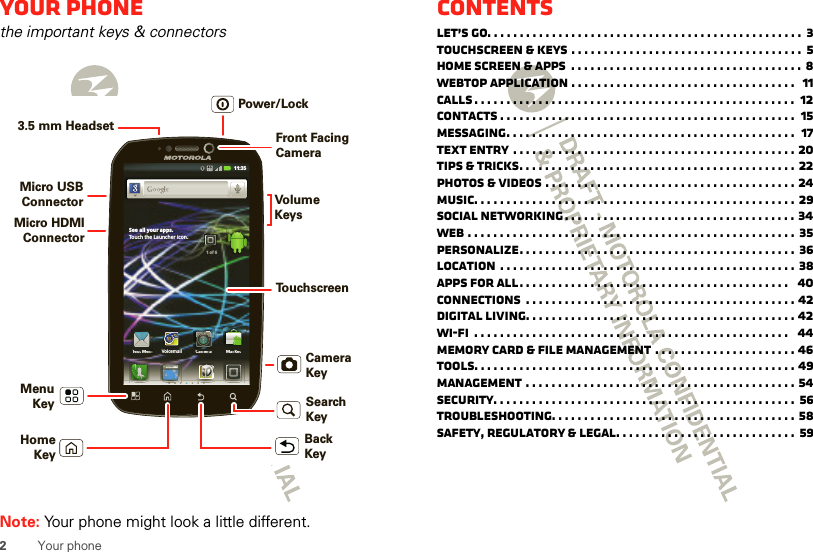 2Your phoneYour phonethe important keys &amp; connectorsNote: Your phone might look a little different.ttp://www.htText MessText MeeeessssssssssssssssssMarketCameraVoicemailCTMMkSee all your apps.Touch the Launcher icon.1 of 611:35Front FacingCamera  3.5 mm Headset Micro USBConnectorMicro HDMIConnectorMenu KeyBack KeyHome  KeyCamera KeySearch KeyTo u chscreenVolume KeysPower/Lock ContentsLet’s go. . . . . . . . . . . . . . . . . . . . . . . . . . . . . . . . . . . . . . . . . . . . . . . . . 3Touchscreen &amp; keys . . . . . . . . . . . . . . . . . . . . . . . . . . . . . . . . . . . .  5Home screen &amp; apps  . . . . . . . . . . . . . . . . . . . . . . . . . . . . . . . . . . . . 8Webtop application . . . . . . . . . . . . . . . . . . . . . . . . . . . . . . . . . . .  11Calls . . . . . . . . . . . . . . . . . . . . . . . . . . . . . . . . . . . . . . . . . . . . . . . . . .  12Contacts . . . . . . . . . . . . . . . . . . . . . . . . . . . . . . . . . . . . . . . . . . . . . .  15Messaging. . . . . . . . . . . . . . . . . . . . . . . . . . . . . . . . . . . . . . . . . . . . .  17Text entry . . . . . . . . . . . . . . . . . . . . . . . . . . . . . . . . . . . . . . . . . . . . 20Tips &amp; tricks. . . . . . . . . . . . . . . . . . . . . . . . . . . . . . . . . . . . . . . . . . . 22Photos &amp; videos . . . . . . . . . . . . . . . . . . . . . . . . . . . . . . . . . . . . . . . 24Music. . . . . . . . . . . . . . . . . . . . . . . . . . . . . . . . . . . . . . . . . . . . . . . . . . 29Social networking. . . . . . . . . . . . . . . . . . . . . . . . . . . . . . . . . . . . 34Web . . . . . . . . . . . . . . . . . . . . . . . . . . . . . . . . . . . . . . . . . . . . . . . . . . . 35Personalize. . . . . . . . . . . . . . . . . . . . . . . . . . . . . . . . . . . . . . . . . . . 36Location  . . . . . . . . . . . . . . . . . . . . . . . . . . . . . . . . . . . . . . . . . . . . . . 38Apps for all. . . . . . . . . . . . . . . . . . . . . . . . . . . . . . . . . . . . . . . . . .   40Connections  . . . . . . . . . . . . . . . . . . . . . . . . . . . . . . . . . . . . . . . . . . 42Digital living. . . . . . . . . . . . . . . . . . . . . . . . . . . . . . . . . . . . . . . . . . 42Wi-Fi  . . . . . . . . . . . . . . . . . . . . . . . . . . . . . . . . . . . . . . . . . . . . . . . . .   44Memory card &amp; file management . . . . . . . . . . . . . . . . . . . . . . 46Tools. . . . . . . . . . . . . . . . . . . . . . . . . . . . . . . . . . . . . . . . . . . . . . . . . . 49Management . . . . . . . . . . . . . . . . . . . . . . . . . . . . . . . . . . . . . . . . . . 54Security. . . . . . . . . . . . . . . . . . . . . . . . . . . . . . . . . . . . . . . . . . . . . . . 56Troubleshooting. . . . . . . . . . . . . . . . . . . . . . . . . . . . . . . . . . . . . . 58Safety, Regulatory &amp; Legal. . . . . . . . . . . . . . . . . . . . . . . . . . . . 59