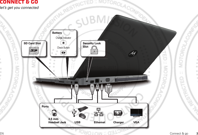 3EN Connect &amp; goConnect &amp; golet’s get you connectedBatteryCharge IndicatorCheck ButtonSD Card SlotUSB3.5 mm Headset JackPortsVGAEthernet ChargerSecurity Lock SlotNovember 5, 2011