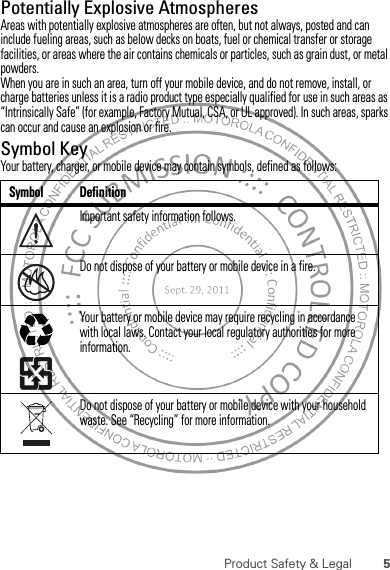 5Product Safety &amp; LegalPotentially Explosive AtmospheresAreas with potentially explosive atmospheres are often, but not always, posted and can include fueling areas, such as below decks on boats, fuel or chemical transfer or storage facilities, or areas where the air contains chemicals or particles, such as grain dust, or metal powders.When you are in such an area, turn off your mobile device, and do not remove, install, or charge batteries unless it is a radio product type especially qualified for use in such areas as “Intrinsically Safe” (for example, Factory Mutual, CSA, or UL approved). In such areas, sparks can occur and cause an explosion or fire.Symbol KeyYour battery, charger, or mobile device may contain symbols, defined as follows:Symbol DefinitionImportant safety information follows.Do not dispose of your battery or mobile device in a fire.Your battery or mobile device may require recycling in accordance with local laws. Contact your local regulatory authorities for more information.Do not dispose of your battery or mobile device with your household waste. See “Recycling” for more information.032374o032376o032375o