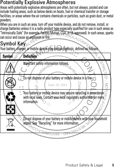 5Product Safety &amp; LegalPotentially Explosive AtmospheresAreas with potentially explosive atmospheres are often, but not always, posted and can include fueling areas, such as below decks on boats, fuel or chemical transfer or storage facilities, or areas where the air contains chemicals or particles, such as grain dust, or metal powders.When you are in such an area, turn off your mobile device, and do not remove, install, or charge batteries unless it is a radio product type especially qualified for use in such areas as “Intrinsically Safe” (for example, Factory Mutual, CSA, or UL approved). In such areas, sparks can occur and cause an explosion or fire.Symbol KeyYour battery, charger, or mobile device may contain symbols, defined as follows:Symbol DefinitionImportant safety information follows.Do not dispose of your battery or mobile device in a fire.Your battery or mobile device may require recycling in accordance with local laws. Contact your local regulatory authorities for more information.Do not dispose of your battery or mobile device with your household waste. See “Recycling” for more information.032374o032376o032375o