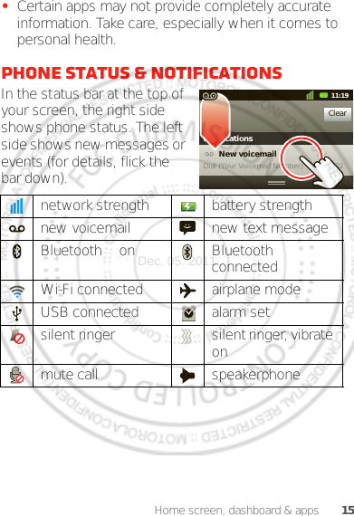 15Home screen, dashboard &amp; apps•Certain apps may not provide completely accurate information. Take care, especially when it comes to personal health.Phone status &amp; notificationsIn the status bar at the top of your screen, the right side shows phone status. The left side shows new messages or events (for details, flick the bar down).network strength battery strengthnew voicemail new text messageBluetooth™ on Bluetooth connectedWi-Fi connected airplane modeUSB connected alarm setsilent ringer silent ringer, vibrate onmute call speakerphoneClearNotifications10:32New voicemailDial (Your Voicemail Number)11:19Dec. 05. 2011