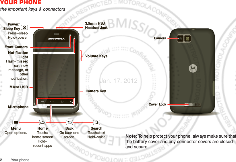 2Your phoneYour phonethe important keys &amp; connectorsFront CameraNotification LightFlash=missed call, new  message, or other notification.Micro USBMicrophoneVolume KeysCamera KeyPower/Sleep Key    MenuOpen options.HomeTouch=home screen Hold=recent appsSearchTouch=textHold=voiceBackGo back one screen.3.5mm HSJ Headset JackPress=sleepHold=powerNote: To help protect your phone, always make sure that the battery cover and any connector covers are closed and secure.CameraCover LockJan. 17. 2012