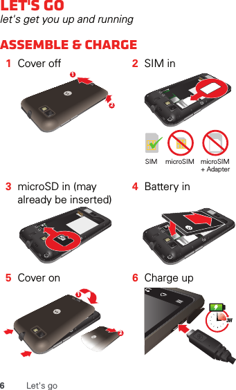 6Let&apos;s goLet&apos;s golet&apos;s get you up and runningAssemble &amp; charge   1Cover off 2SIM in3microSD in (may already be inserted)4Battery in5Cover on 6Charge up12SIM microSIM microSIM+ Adapter 123H