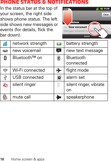 16 Home screen &amp; appsPhone status &amp; notificationsIn the status bar at the top of your screen, the right side shows phone status. The left side shows new messages or events (for details, flick the bar down).network strength battery strengthnew voicemail new text messageBluetooth™ on Bluetooth connectedWi-Fi connected flight modeUSB connected alarm setsilent ringer silent ringer, vibrate onmute call speakerphoneClearNotifications10:32New voicemailDial (your voicemail number)11:19