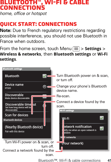 41Bluetooth™, Wi-Fi &amp; cable connectionsBluetooth™, Wi-Fi &amp; cable connectionshome, office or hotspotQuick start: ConnectionsNote: Due to French regulatory restrictions regarding possible interference, you should not use Bluetooth in France when outdoors.From the home screen, touch Menu   &gt; Settings &gt; Wireless &amp; networks, then Bluetooth settings or Wi-Fi settings.Wi-Fi networksWi-Fi settingsNotify me when an open network is availableNetwork notification(Your network)Wi-FiBluetooth devicesBluetooth settingsXT320Device nameScan for devicesMake device discoverableDiscoverableBluetoothPair with this device(Nearby Bluetooth device)Set how long device will bediscoverableDiscoverable timeoutTurn Bluetooth power on &amp; scan, or turn off.Change your phone&apos;s Bluetooth device name.Turn Wi-Fi power on &amp; scan, or turn off.Re-scan.Connect a device found by the scan.Connect a network found by the scan.