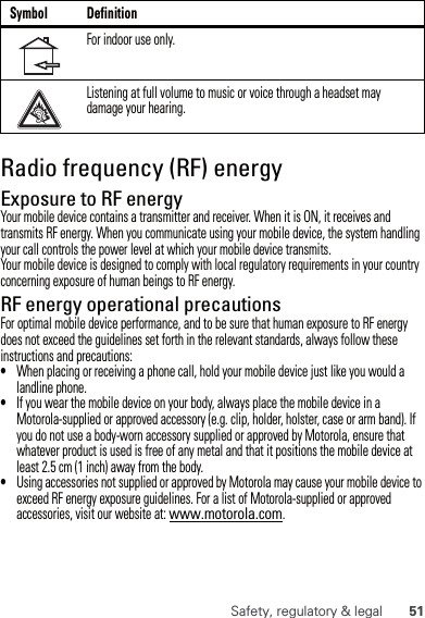 51Safety, regulatory &amp; legalRadio frequency (RF) energyExposure to RF energyYour mobile device contains a transmitter and receiver. When it is ON, it receives and transmits RF energy. When you communicate using your mobile device, the system handling your call controls the power level at which your mobile device transmits.Your mobile device is designed to comply with local regulatory requirements in your country concerning exposure of human beings to RF energy.RF energy operational precautionsFor optimal mobile device performance, and to be sure that human exposure to RF energy does not exceed the guidelines set forth in the relevant standards, always follow these instructions and precautions:•When placing or receiving a phone call, hold your mobile device just like you would a landline phone.•If you wear the mobile device on your body, always place the mobile device in a Motorola-supplied or approved accessory (e.g. clip, holder, holster, case or arm band). If you do not use a body-worn accessory supplied or approved by Motorola, ensure that whatever product is used is free of any metal and that it positions the mobile device at least 2.5 cm (1 inch) away from the body.•Using accessories not supplied or approved by Motorola may cause your mobile device to exceed RF energy exposure guidelines. For a list of Motorola-supplied or approved accessories, visit our website at: www.motorola.com.For indoor use only.Listening at full volume to music or voice through a headset may damage your hearing.Symbol Definition