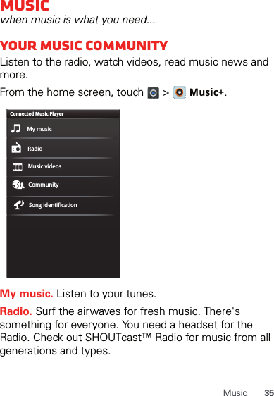 35MusicMusicwhen music is what you need...Your music communityListen to the radio, watch videos, read music news and more.From the home screen, touch   &gt;   Music+.My music. Listen to your tunes.Radio. Surf the airwaves for fresh music. There&apos;s something for everyone. You need a headset for the Radio. Check out SHOUTcast™ Radio for music from all generations and types.My musicConnected Music PlayerRadioMusic videos CommunitySong identification