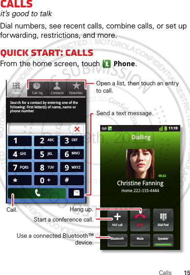 15CallsCallsit’s good to talkDial numbers, see recent calls, combine calls, or set up forwarding, restrictions, and more.Quick start: CallsFrom the home screen, touch  Phone.Search for a contact by entering one of the following: First letter(s) of name, name or phone numberContacts FavoritesPhone Call log11:19Dial PadAdd callSpeakerMuteBluetoothEndChristine FanningHome 222-333-4444Dialling05:32ABC DEFMNOWXYZJKLTUVGHIPQRS+Open a list, then touch an entry to call.Send a text message.Use a connected Bluetooth™ device.Hang up.Start a conference call.Call.Dec.29th, 2011